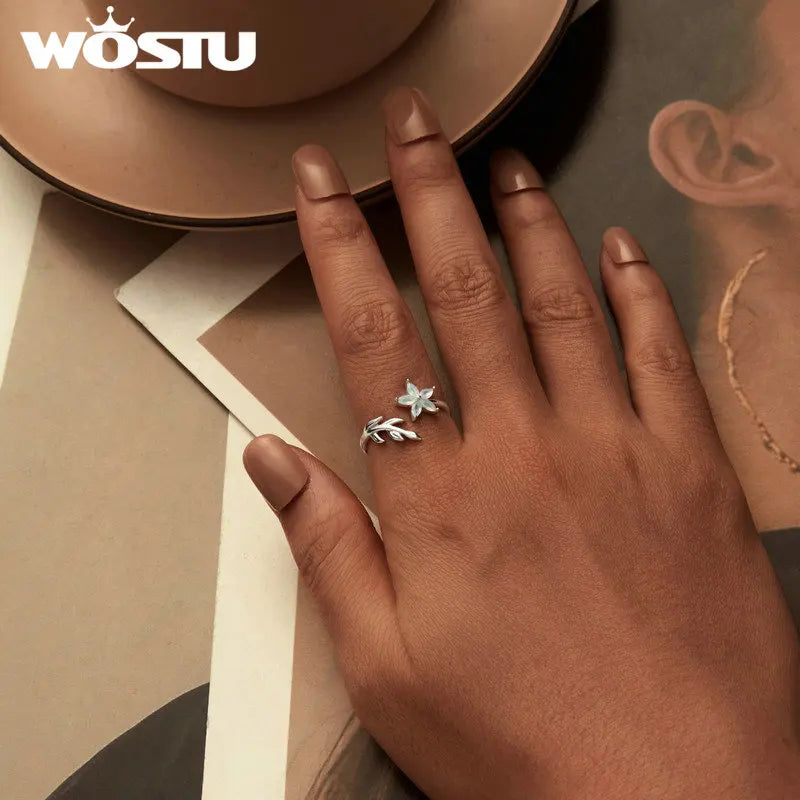 WOSTU 925 Sterling Silver Clear Green Cystal Flower Opening Ring For Women Hanmade Leaf design Stackable Rings Girl Party Gift