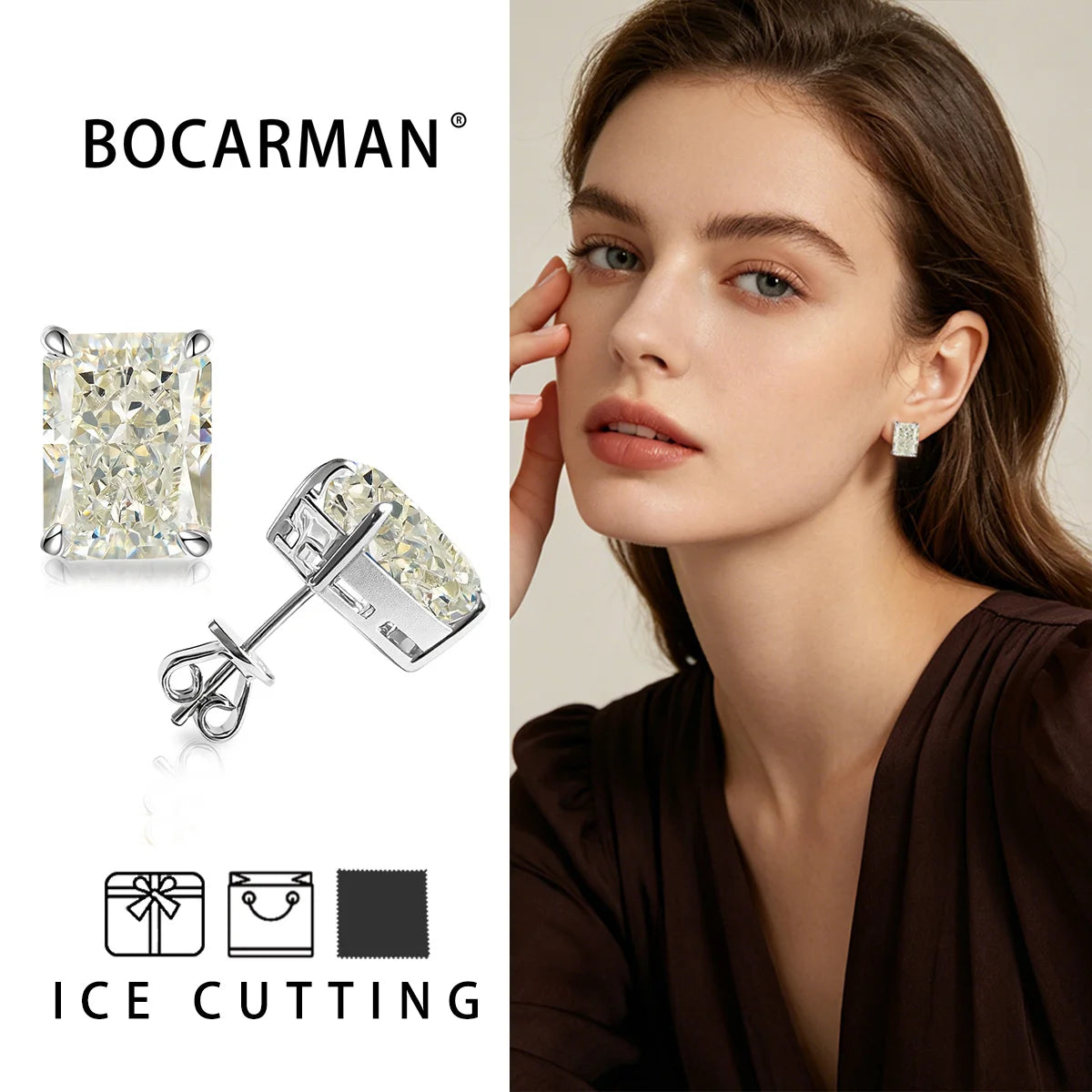 Bocarman Rectangular Ice Cut Mint Green Zircon Stud Earrings S925 Sterling Silver Rhodium Plated Fine Jewelry 8x10mm
