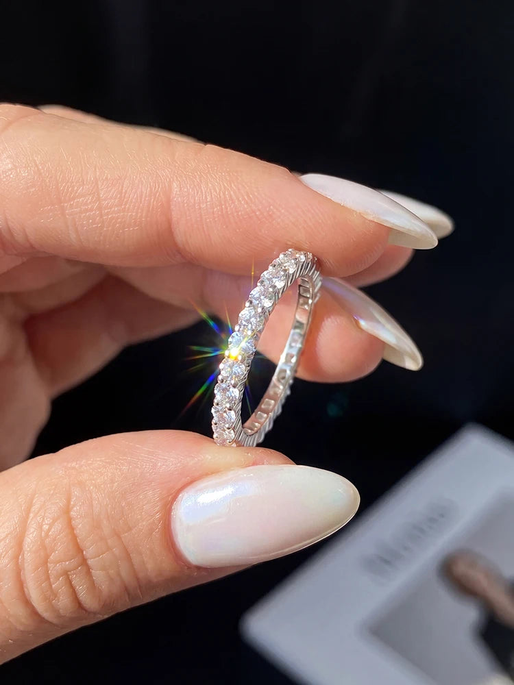 Shiny Full Real Round Moissanite Diamond Rings for Women Engagement Anniversary 925 Sterling Silver Fine Jewelry