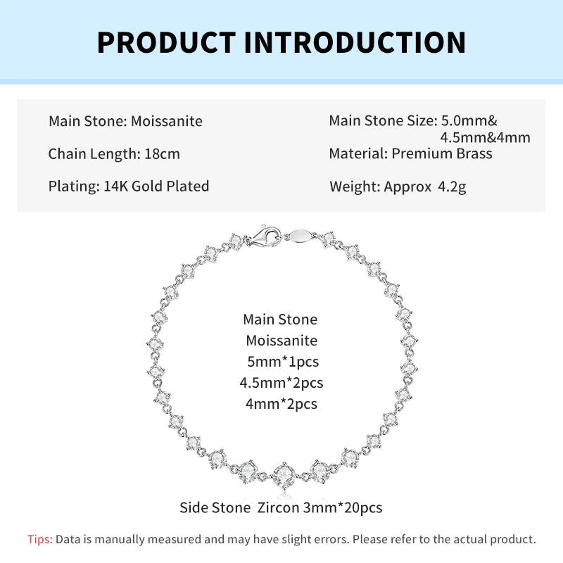 Rrjzz 5mm&4.5mm&4mm D-Color Moissanite Climber Bracelet for Women CZ Lab Imitation Diamond 18CM Charm Bracelets Jewelry Gifts