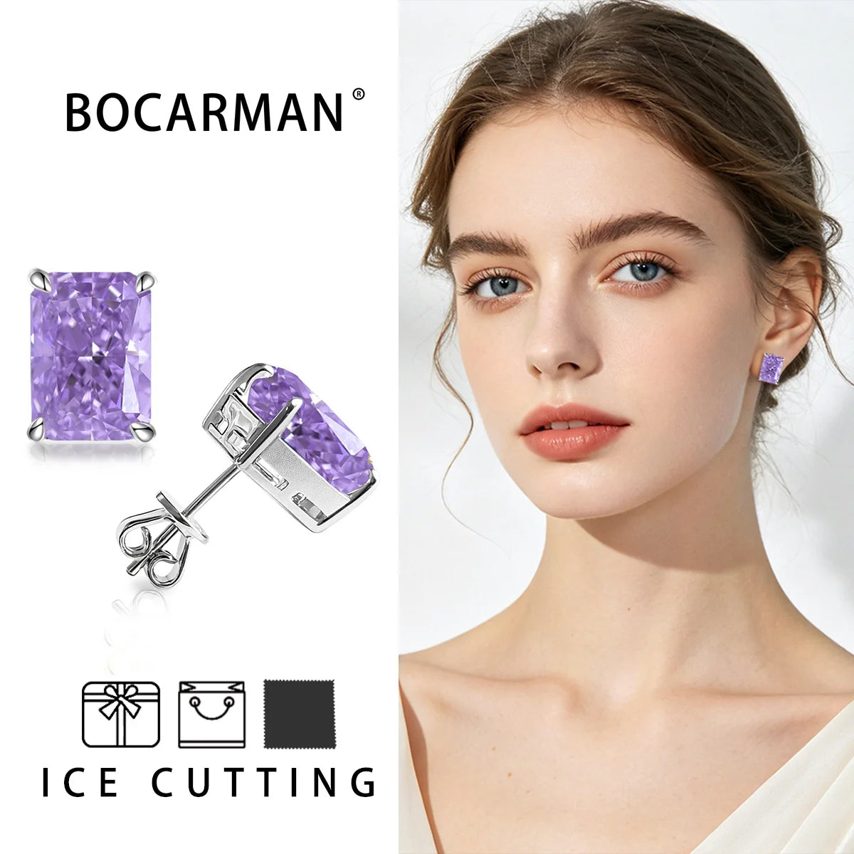 Bocarman Rectangular Ice Cut Mint Green Zircon Stud Earrings S925 Sterling Silver Rhodium Plated Fine Jewelry 8x10mm