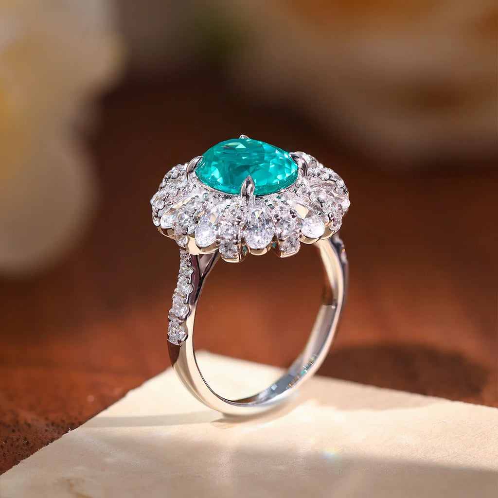 LinkerLove 5CT Oval Cut Paraiba Engagement Ring for Women 925 Sterling Silver White Gold Plated Halo Wedding Band Fine Jewelry