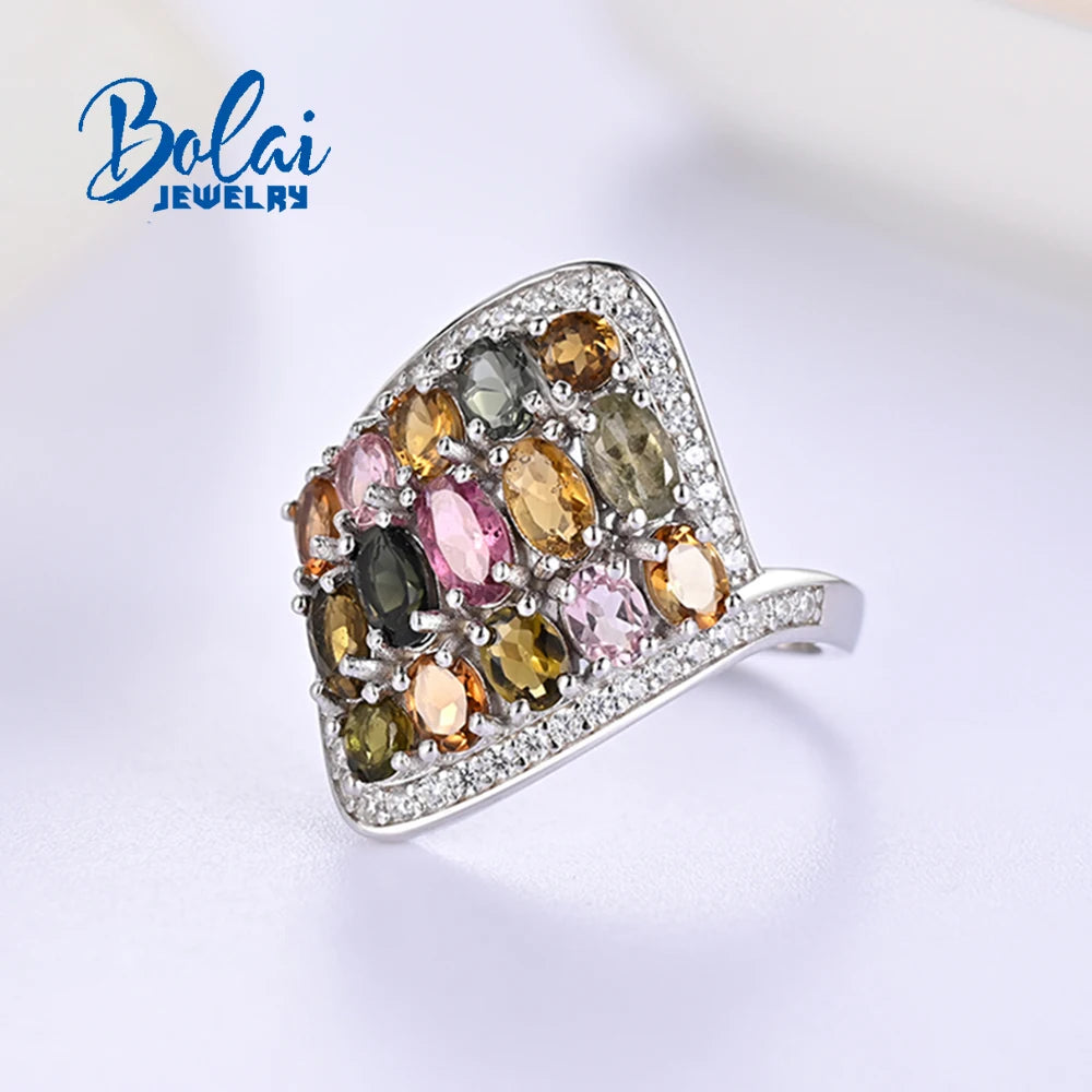 Luxury 925 sterling Silver Ring Natural Multi-Tourmaline Women's fineJewelry Party Gift Bolaijewelry