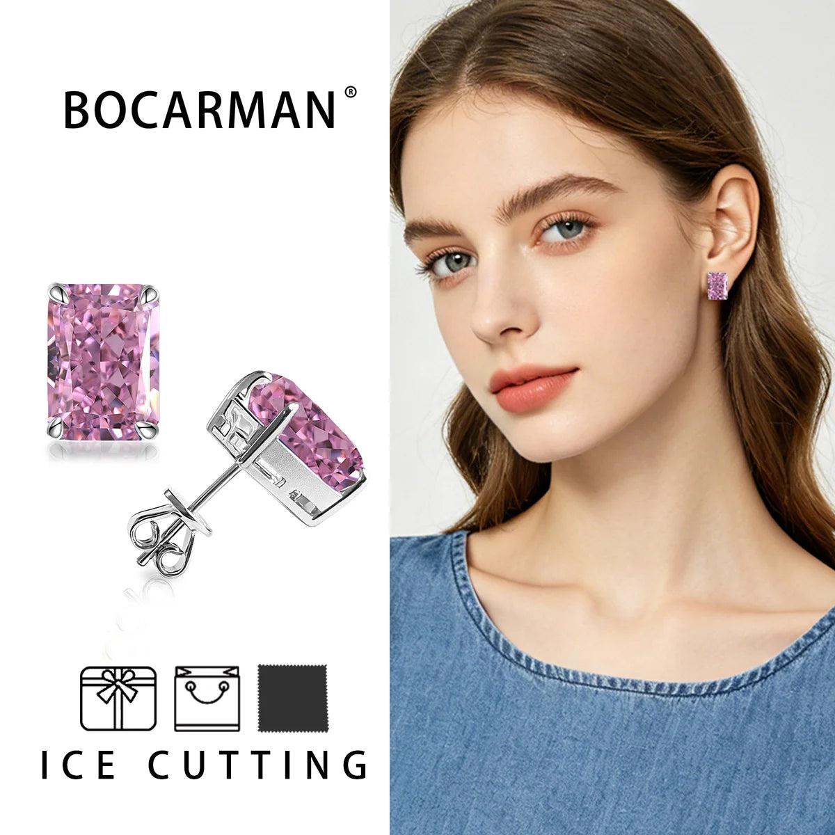 Bocarman Rectangular Ice Cut Mint Green Zircon Stud Earrings S925 Sterling Silver Rhodium Plated Fine Jewelry 8x10mm