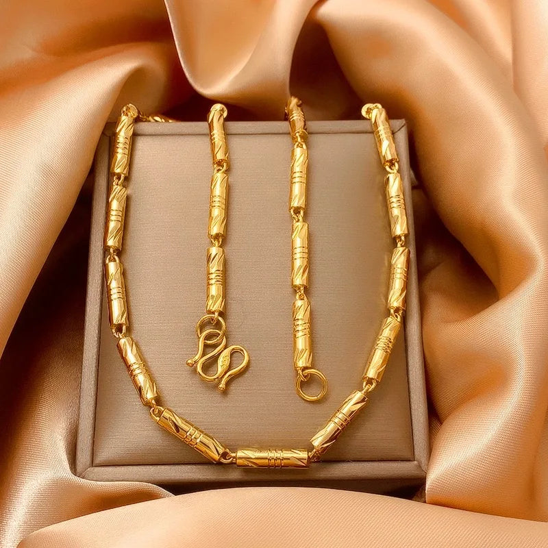 9999 24K real gold cylindrical double bamboo necklace real gold men's and women's solid color bamboo necklace gold jewelry