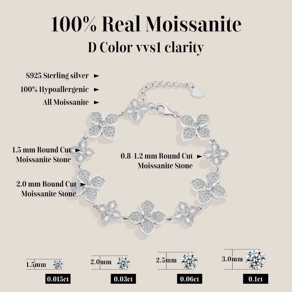 ATTAGEMS Plants Eternity Moissanite Bracelet for Women 925 Sterling Silver Adjustable Classical Tennis Chain Trendy Fine Jewelry