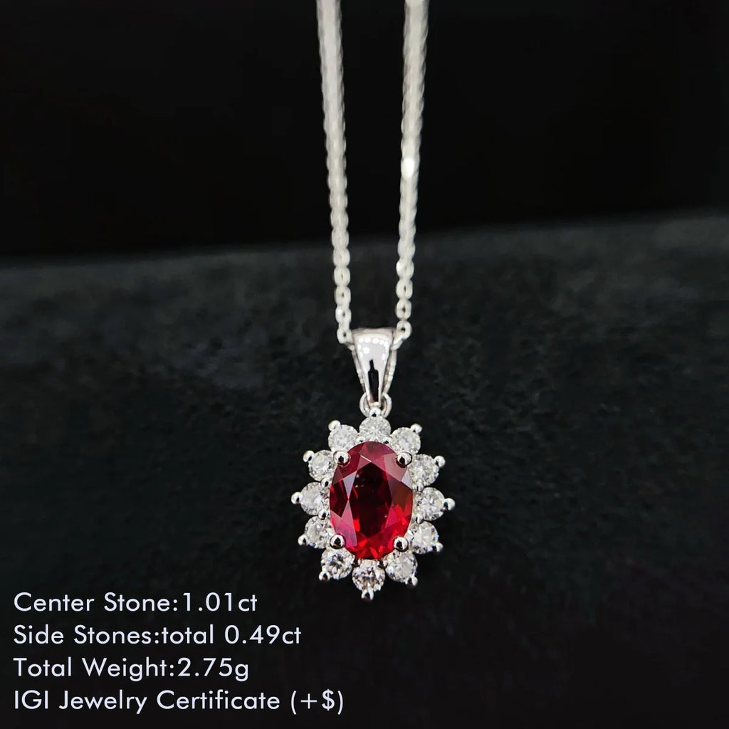 18K Yellow Gold Lab Created Ruby and Diamond Necklace Halo Style Sunflower Shaped Lab Grown Ruby Diamond Pendant Necklace