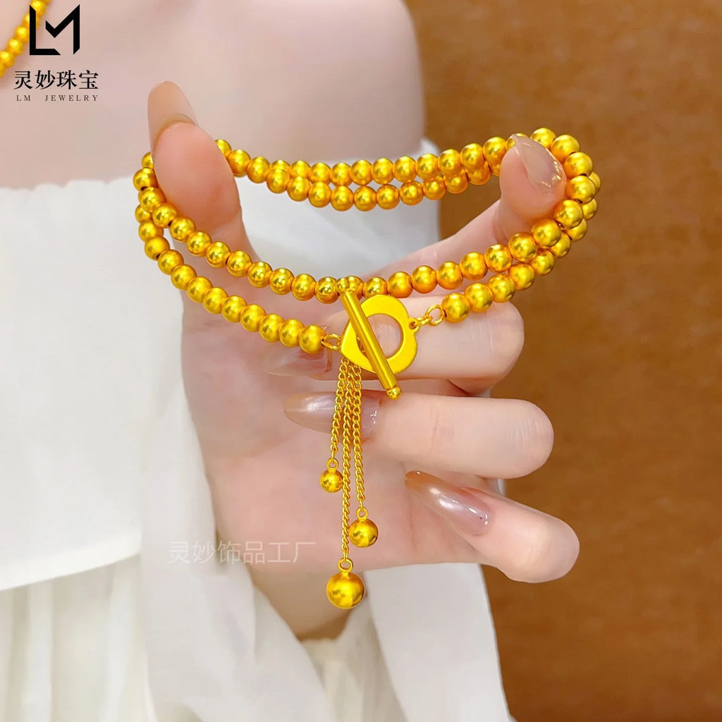 9999 24K gold antique fashion round bead gold necklace women's gold jewelry