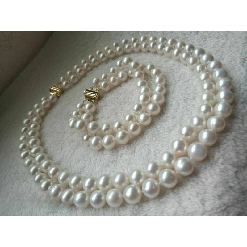 2 Strands AAA 9-10mm  South Sea White Pearl Necklace and Bracelet Set Popular Fashion Temperament Women's Set 14k Gold -