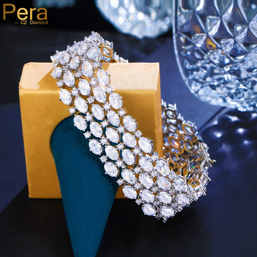 Pera High Quality Shiny Oval CZ Paved Large Wide Bridal Wedding Banquet Bracelets Bangles for Women Party Jewelry Gift B245