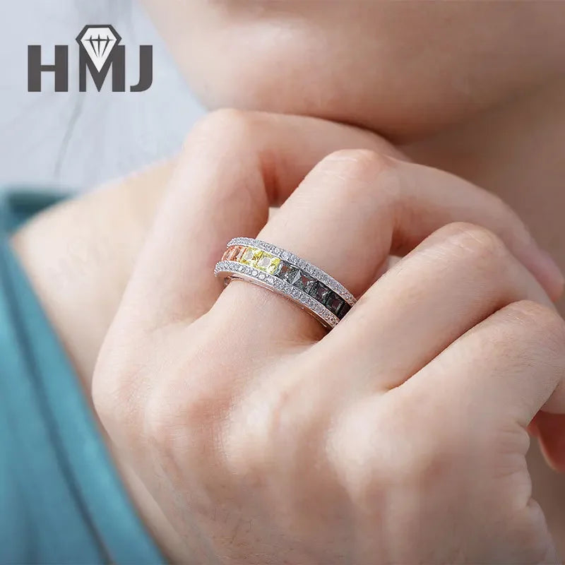 925 Sterling Silver Ring Lab Sapphire Princess Cut Rainbow Gemstones for Women Luxury Elegant Anniversary Birthday Gift Charms