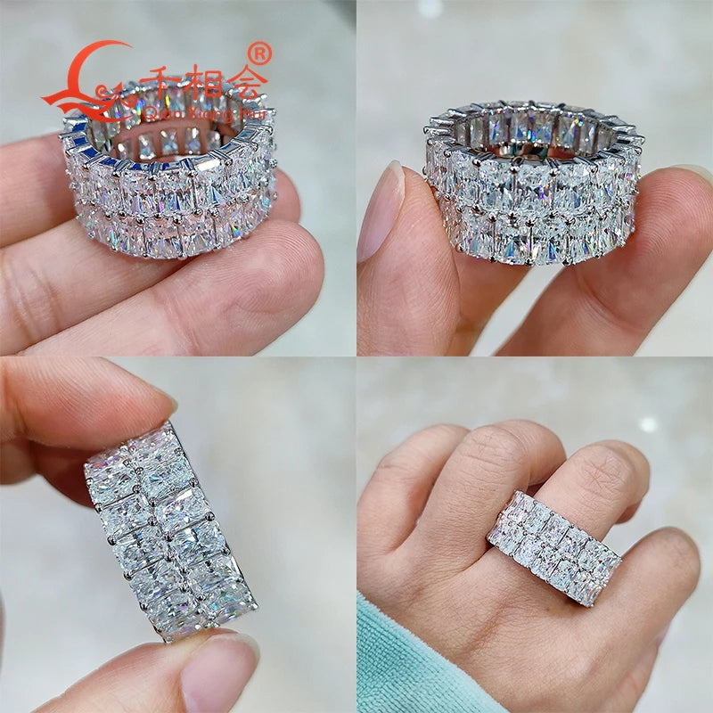 12mm width 4*6mm radiant shape double raws Full Eternity Ring Silver Moissanite Ring Men women wedding datting gift fine Jewelry
