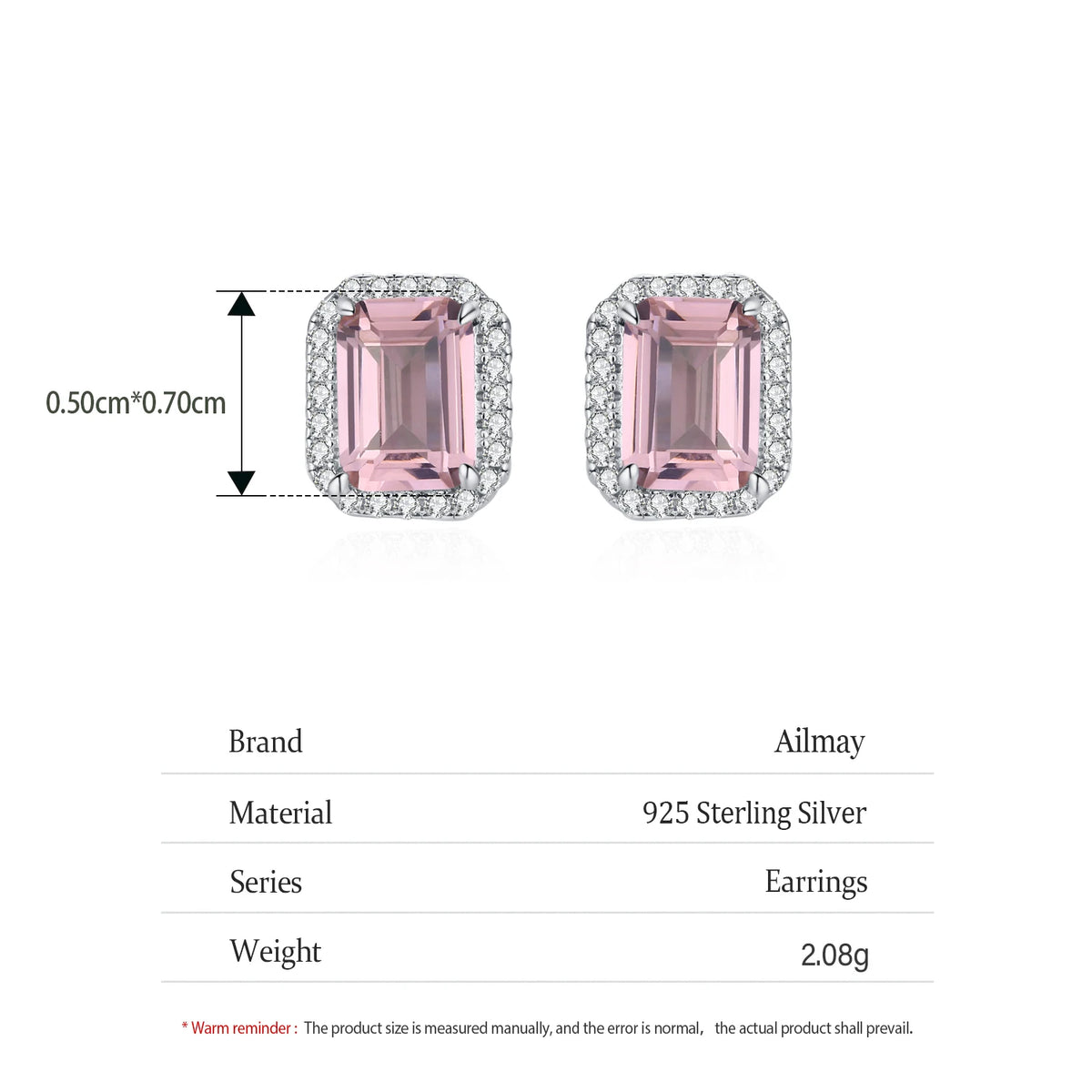 Ailmay Luxury 925 Sterling Silver Pink Rectangle Emerald cut Zircon Earrings For Women Romantic Valentine's Day Jewelry Gift