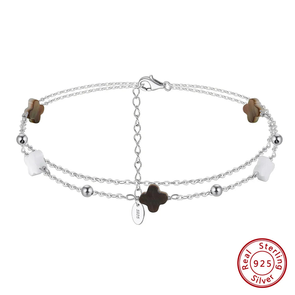Rinntin Genuine 925 Sterling Silver Double Layer Clover Chain Anklet Lucky Clover Charm Anklets Bracelet Female Jewelry GMA02