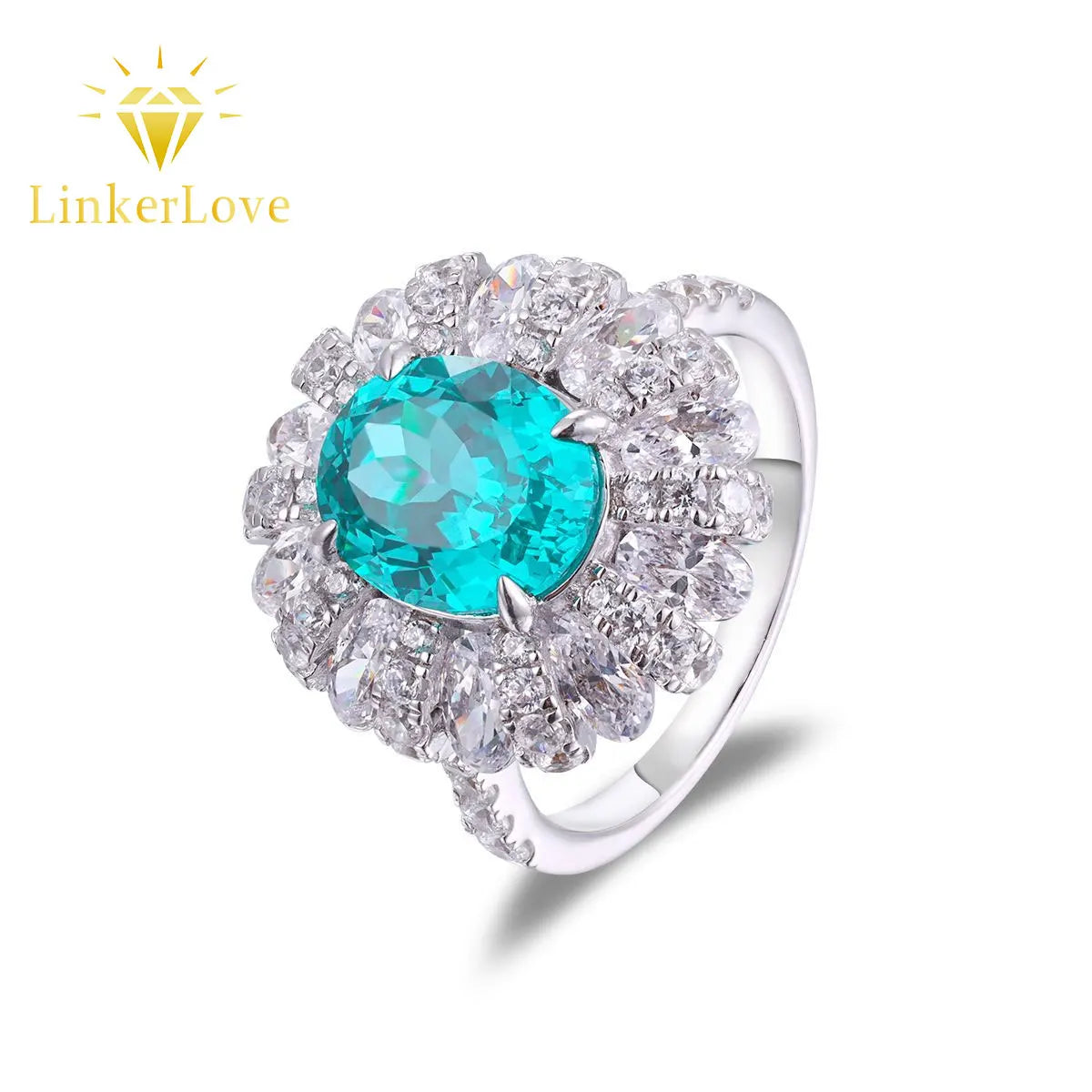 LinkerLove 5CT Oval Cut Paraiba Engagement Ring for Women 925 Sterling Silver White Gold Plated Halo Wedding Band Fine Jewelry