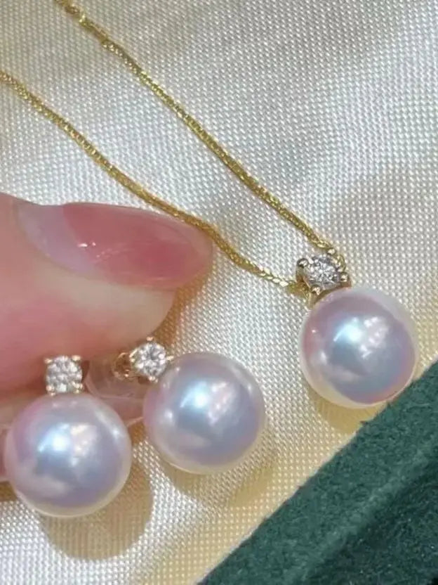 Certificated 3pcs Aurora Luster Freshwater Pearl Jewelry Set 8-9m Natural White Round Pearl Ear Stud & Pendant Chain Necklaces