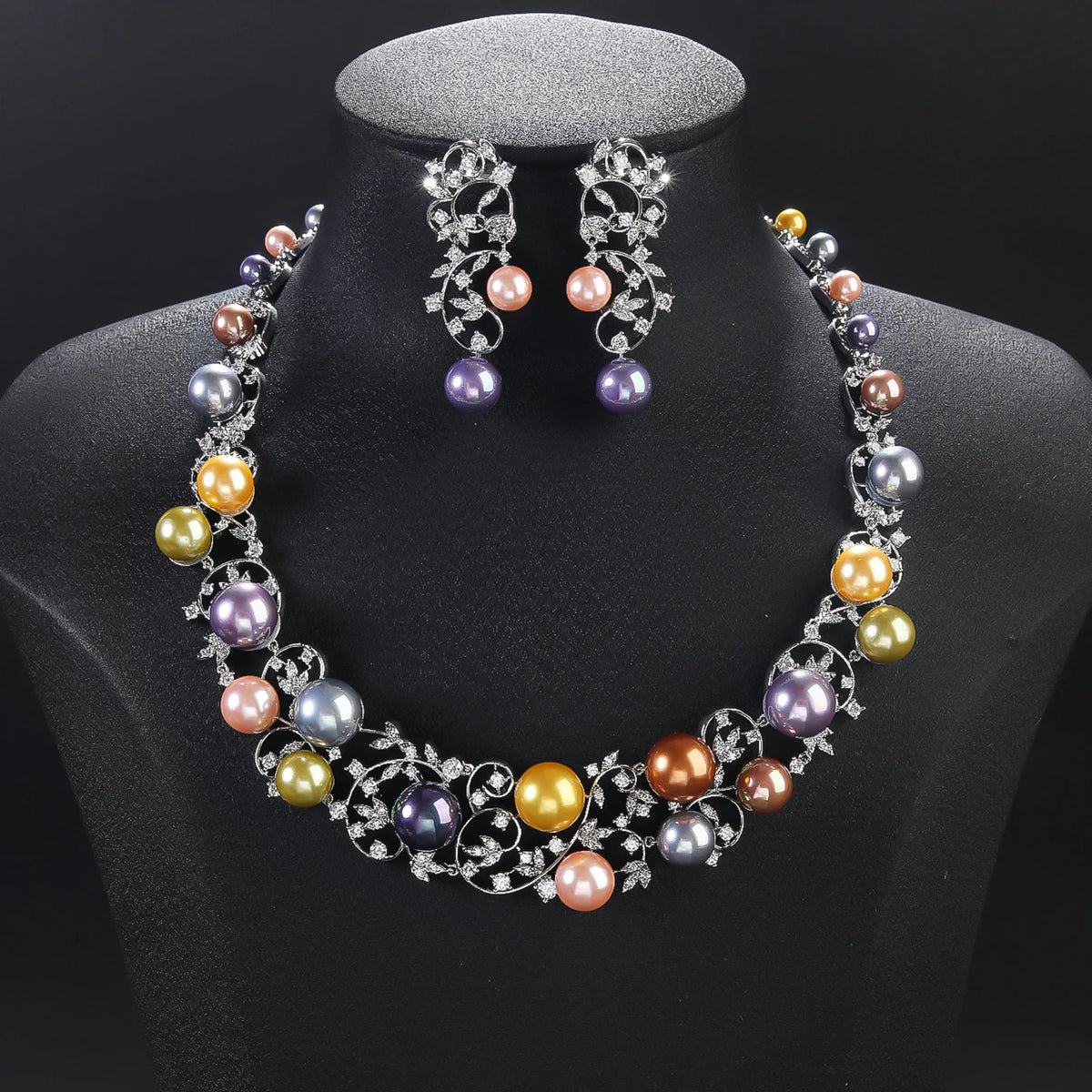 Luxury Cubic Zirconia Colors Pearl  Flower Necklace Earrings Jewelry Sets  Bridal Wedding Accessories CN11354