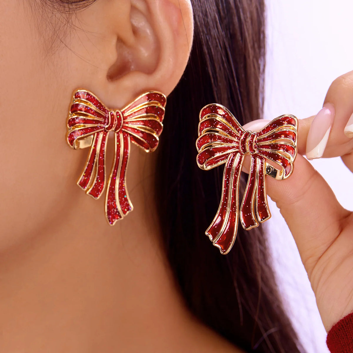 Christmas Red Bow Dangle Earrings Stud For Women Cute Rhinestone Shoes New Year Party Jewelry Xmas Gifts