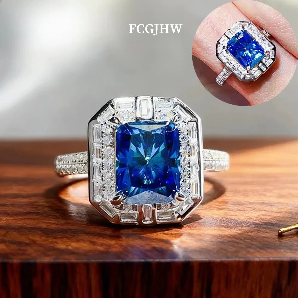 FCGJHW 3CT Radiant Cut Blue Moissanite Rings S925 Silver For Women Men Sapphire Rectangle Diamond Wedding Bands Jewelry 2026