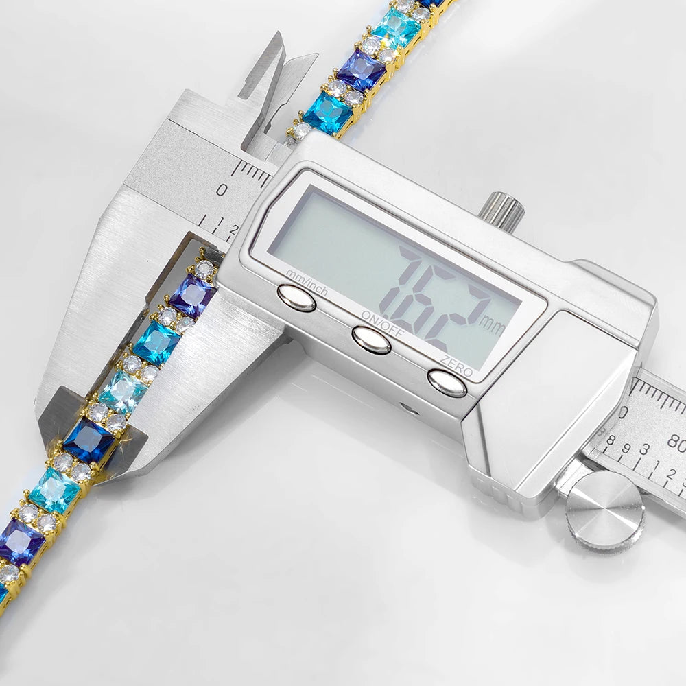 ESKEEM Hip Hop Luxury Bling Jewelry 925 Silver Blue Princess Cut CZ Cluster Tennis Bracelet Gift for Men and Women