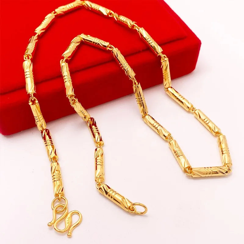 9999 24K real gold cylindrical double bamboo necklace real gold men's and women's solid color bamboo necklace gold jewelry