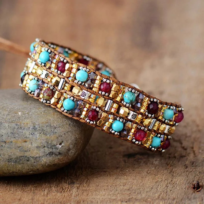 Boho Bracelets High End Natural Stones Wax Cord Wrap Bracelet Semi Precious Stone Beaded Cuff Bracelet Fashion Jewelry Dropship