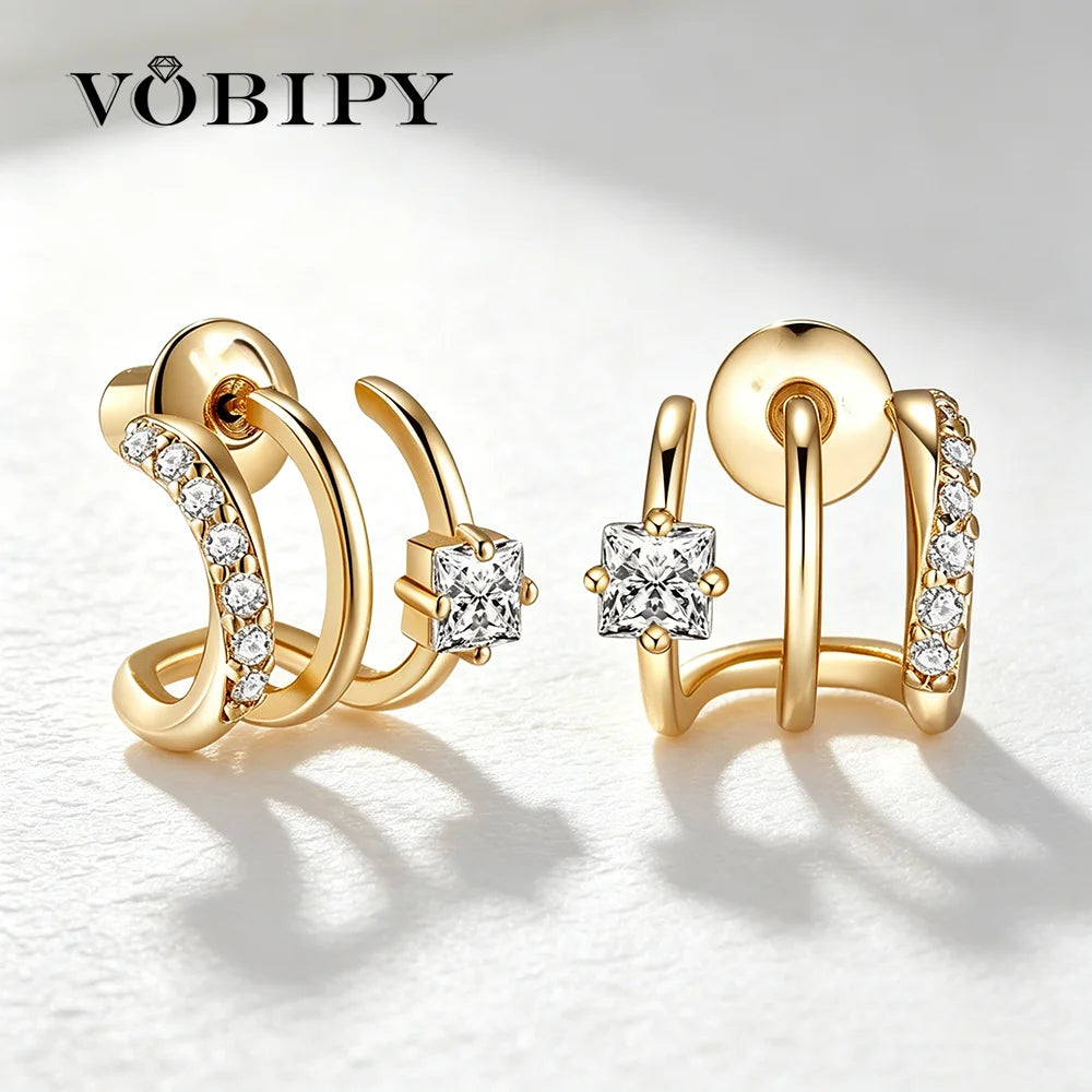 VOBIPY Triple Huggie Illusion Hoop Earrings 18K Gold Plated Stainless One Hole Claw Ear Cuff Earring For Women Jewelry Gift