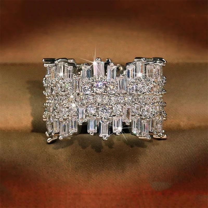 QIBAOKU Luxury 925 Sterling Silver Ring For Women Men Sparkling Irregular High Carbon Diamond Hiphop Zircon Band Jewelry Gift