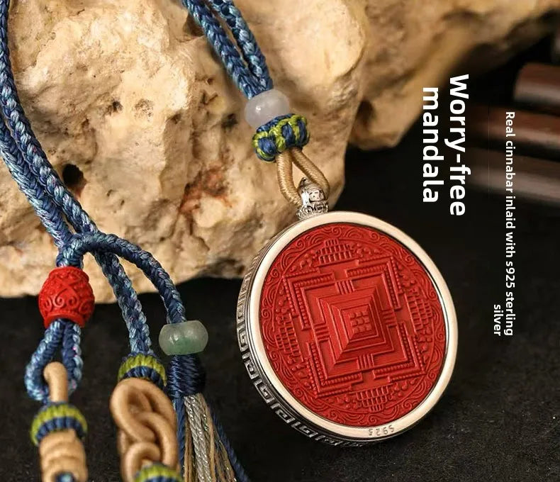 S925 Sterling Silver Inlaid Cinnabar Mandala Pendant Six True Words Necklace Chinese Style Good Luck Fortune Amulet Men Women