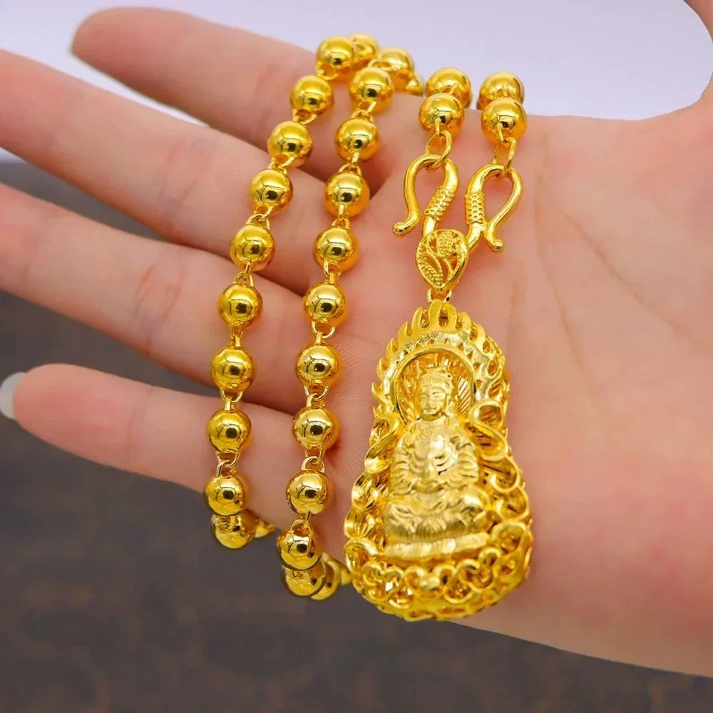 9999 Real Gold Round Bead Necklace Pendant Male Domineering Eagle Pendant Square Brand Clothed Drag  birthday gift