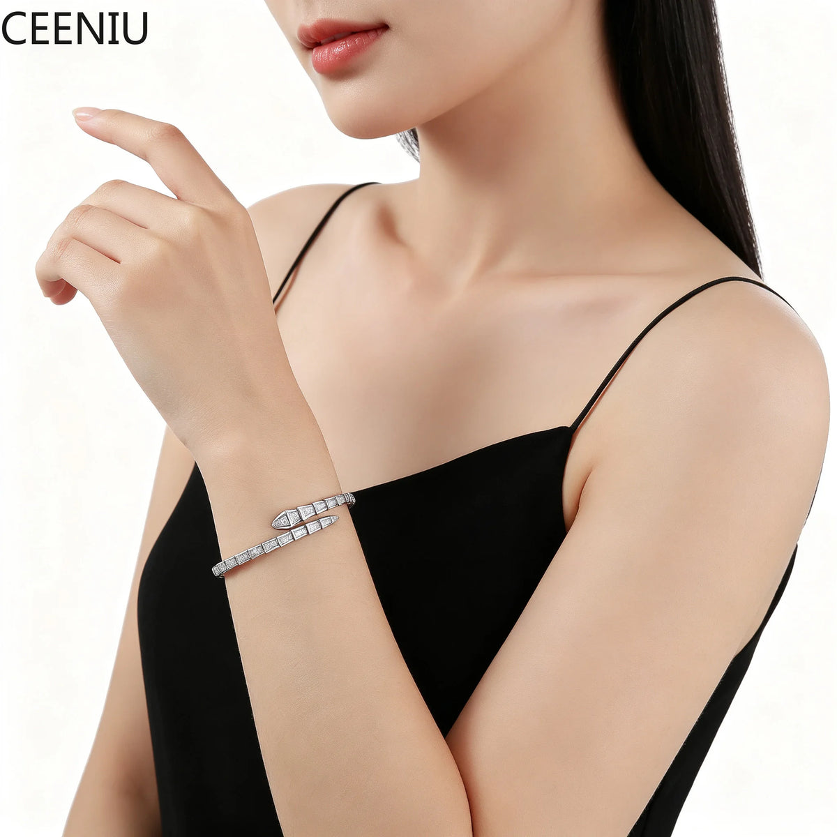 3.4CTW Moissanite Snake Stretch Bangle S925 Sterling Silver Flexible Serpent Bracelet For Women Wedding Party