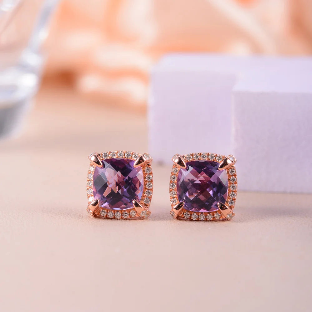 LinkerLove S925 Sterling Silver Amethyst Jewelry Set Cushion Cut Purple Gemstone Halo Necklace Earrings Ring for Women Wedding