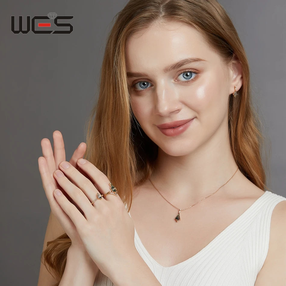 WES 100% 925 Sterling Silver Natural Crystal Moss Agate Jewelry Set for Woman Gold Plated Wedding Lady Gift Fine Jewelry