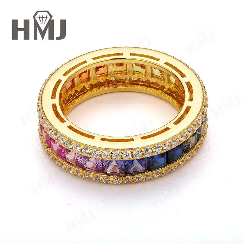 925 Sterling Silver Ring Lab Sapphire Princess Cut Rainbow Gemstones for Women Luxury Elegant Anniversary Birthday Gift Charms