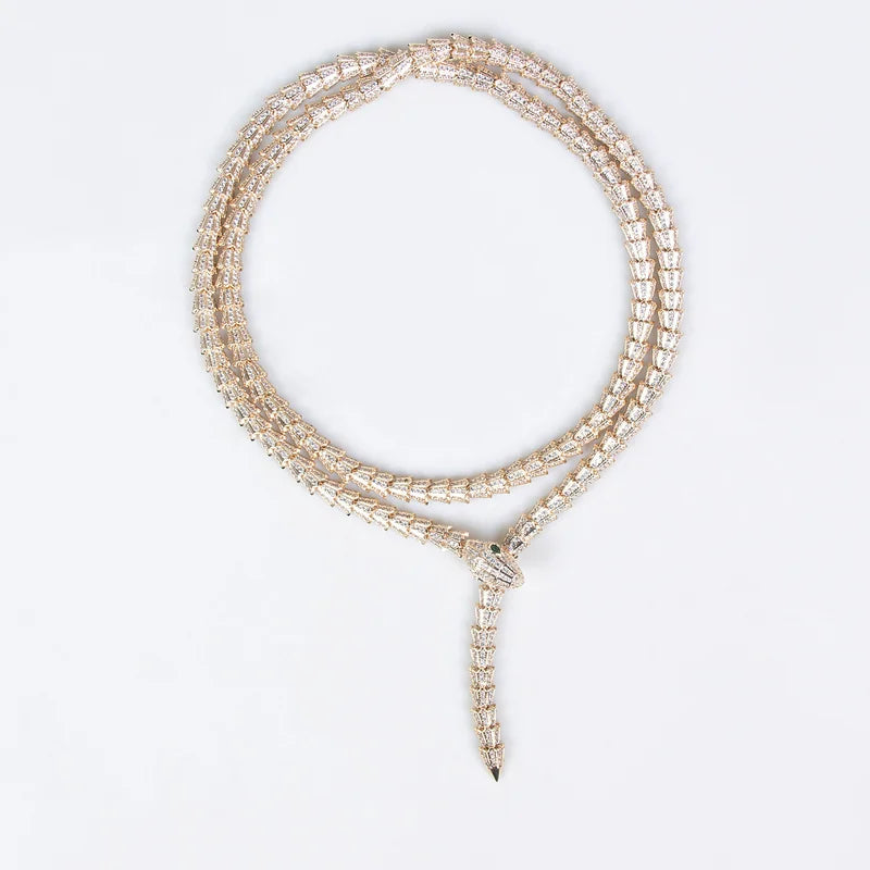 Designer Collection Style Long Necklace Earrings Inlay Full Cubic Zircon Plated Gold Color Snake Snakelike Party Jewelry Sets