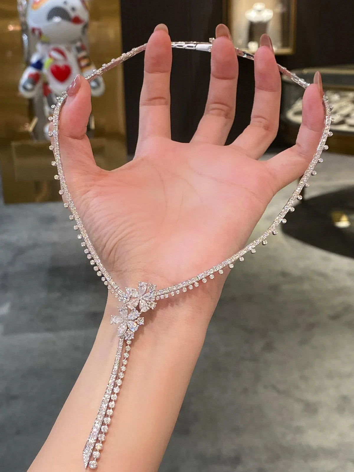 BELLUX Fashion White Cherry Blossom Long Necklace Earrings Bracelet Tassel Flower Jewelry Set S925 Silver Synthetic Zircon
