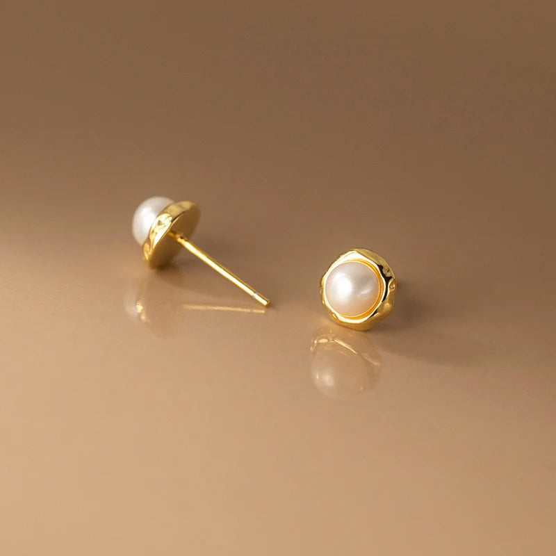 WANTME 925 Sterling Silver Simple Natural Baroque Pearl Korean Stud Earrings for Women Fashion Moon Surface Statement Jewelry