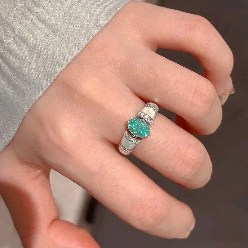 silver 925 Vintage Fresh Style Paraiba White Fritillaria  rings for women Sweet Mint Emerald wedding ring Light Luxury Jewelry