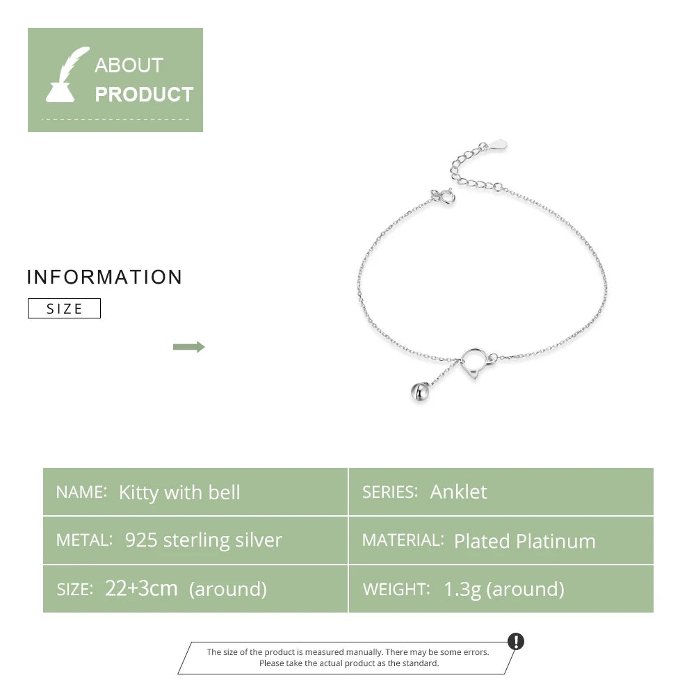 BAMOER Foot Jewelry Anklet Simple Bell And Cat Bracelet for Ankle Real Solid 925 Sterling Silver Anklets For Women SCT003