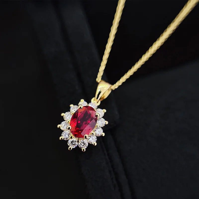 18K Yellow Gold Lab Created Ruby and Diamond Necklace Halo Style Sunflower Shaped Lab Grown Ruby Diamond Pendant Necklace