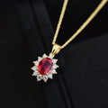 18K Yellow Gold Lab Created Ruby and Diamond Necklace Halo Style Sunflower Shaped Lab Grown Ruby Diamond Pendant Necklace