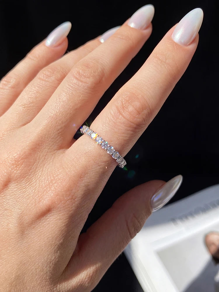 Shiny Full Real Round Moissanite Diamond Rings for Women Engagement Anniversary 925 Sterling Silver Fine Jewelry