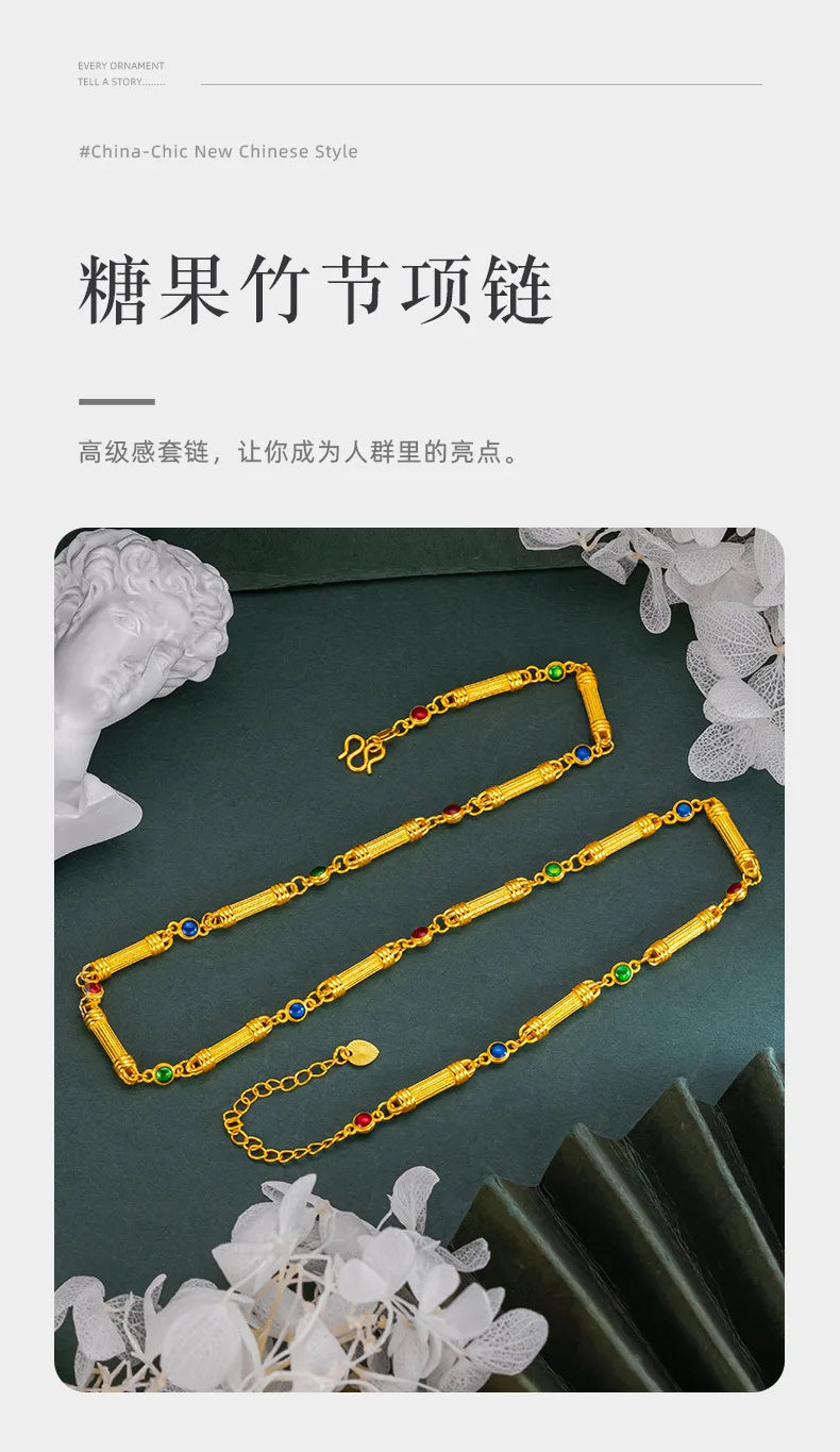 9999 24K  real  gold store same gold women's necklace candy bamboo series collarbone chain sexy generous beautiful jewelry