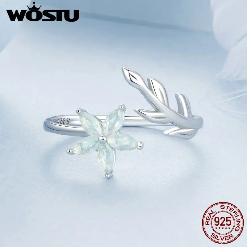 WOSTU 925 Sterling Silver Clear Green Cystal Flower Opening Ring For Women Hanmade Leaf design Stackable Rings Girl Party Gift