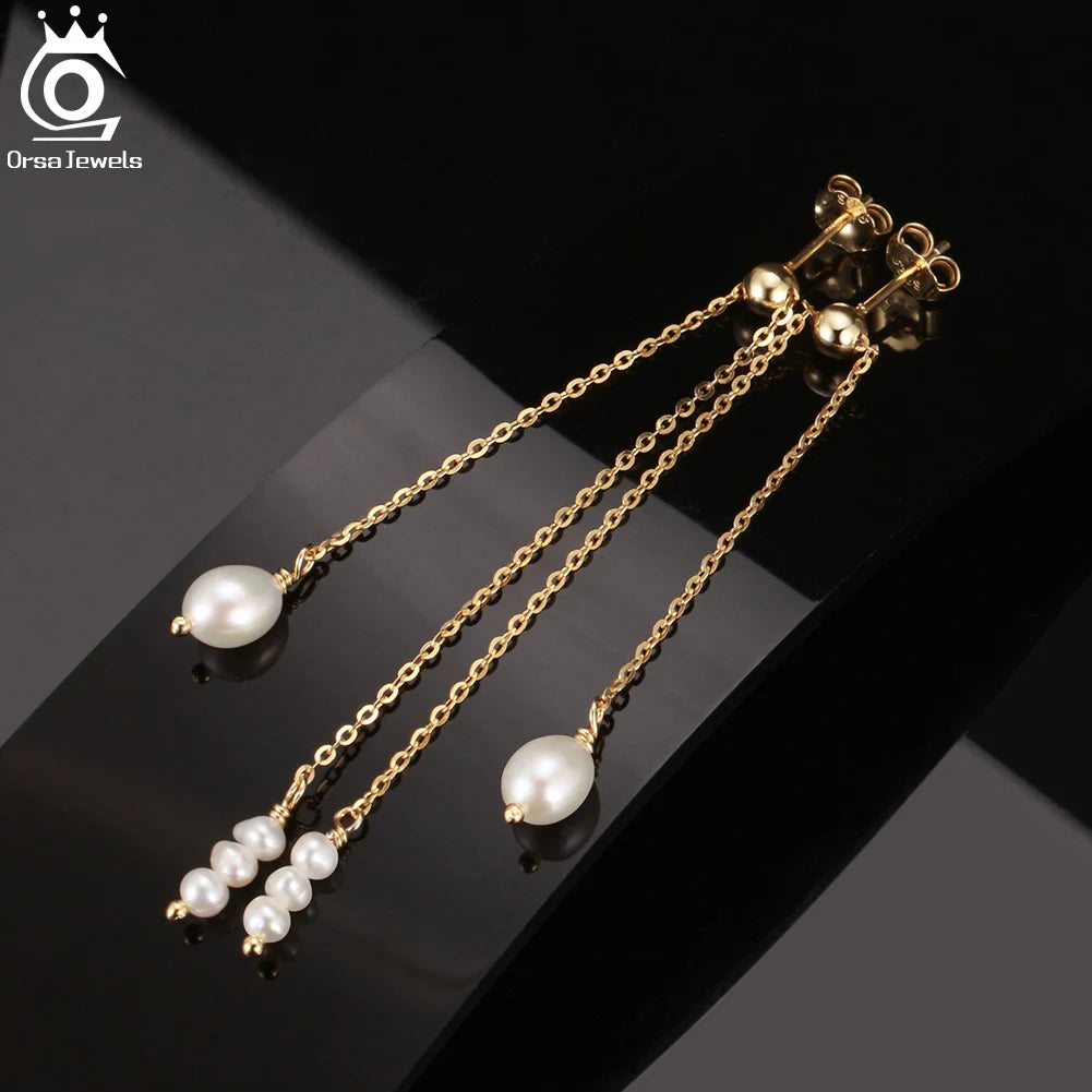 ORSA JEWELS Long Pearl Earrings for Women 14k Gold Plated Pearl Tassel Earrings Sterling Silver Ear Drop Pearl Jewelry GPE20