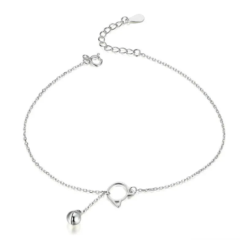 BAMOER Foot Jewelry Anklet Simple Bell And Cat Bracelet for Ankle Real Solid 925 Sterling Silver Anklets For Women SCT003
