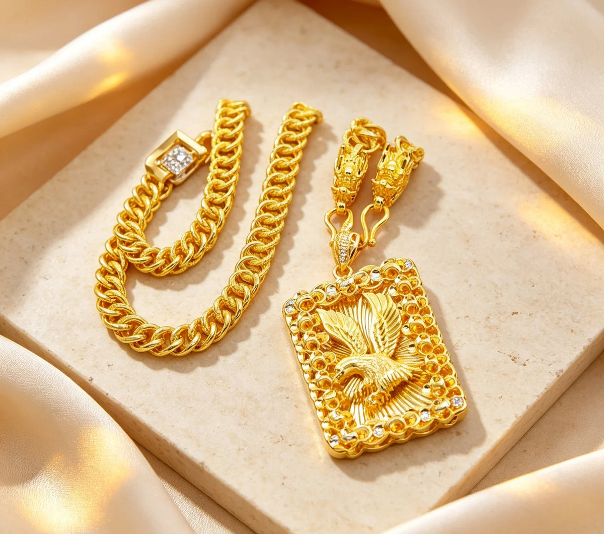 9999 Real Gold Round Bead Necklace Pendant Male Domineering Eagle Pendant Square Brand Clothed Drag  birthday gift