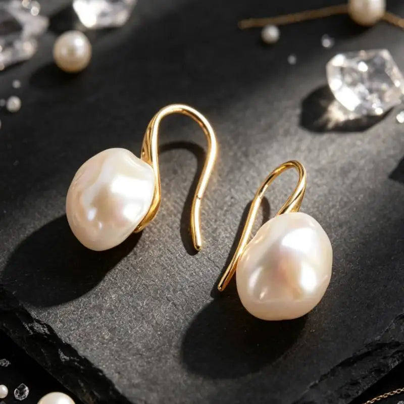 10-12mm white baroque pearl earrings 18K gold-plated hook gold  chic teardrop elegant dangler natural earbob