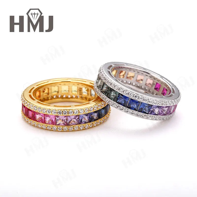925 Sterling Silver Ring Lab Sapphire Princess Cut Rainbow Gemstones for Women Luxury Elegant Anniversary Birthday Gift Charms