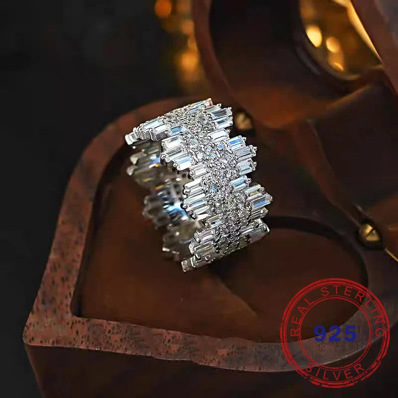QIBAOKU Luxury 925 Sterling Silver Ring For Women Men Sparkling Irregular High Carbon Diamond Hiphop Zircon Band Jewelry Gift